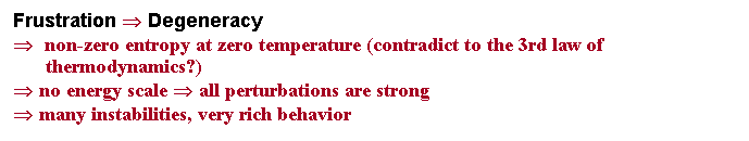 Text Box: Frustration ?Degeneracy
? non-zero entropy at zero temperature (contradict to the 3rd law of
thermodynamics?)
?no energy scale ?all perturbations are strong
?many instabilities, very rich behavior