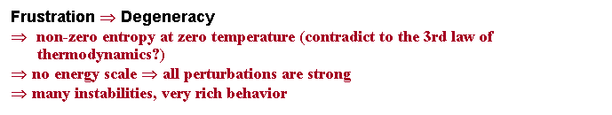 Text Box: Frustration ?Degeneracy 
? non-zero entropy at zero temperature (contradict to the 3rd law of   
      thermodynamics?) 
?no energy scale ?all perturbations are strong
?many instabilities, very rich behavior 
